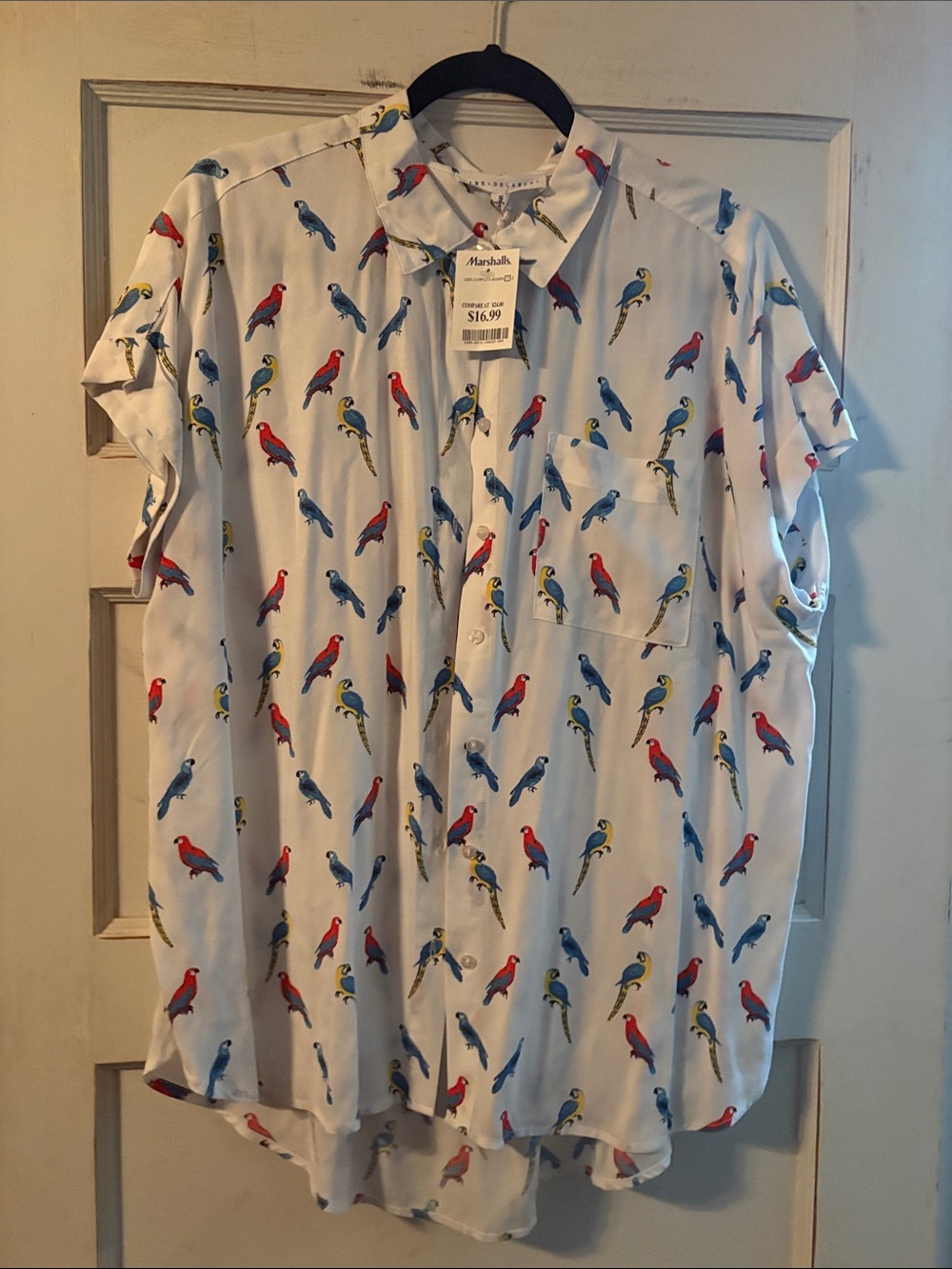 Marshalls White Button-Down Shirt with Red, Blue, Yellow Parrot Print